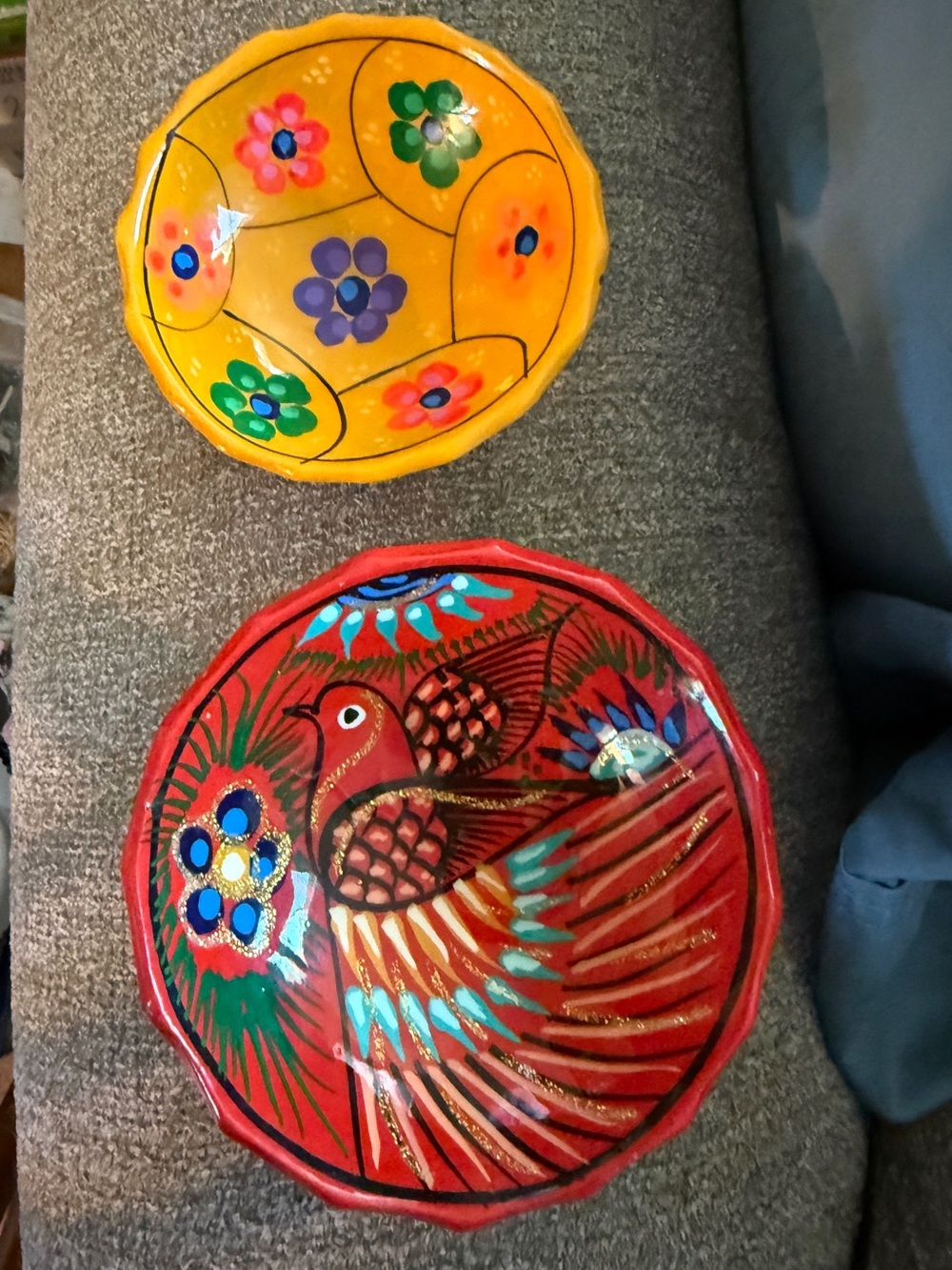 Hand Painted Talavera Floral Bird Ceramic Trinket Bowls Made in Mexico